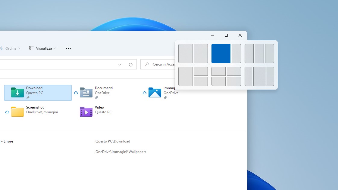 Windows 11 - Opzioni di affiancamento finestre