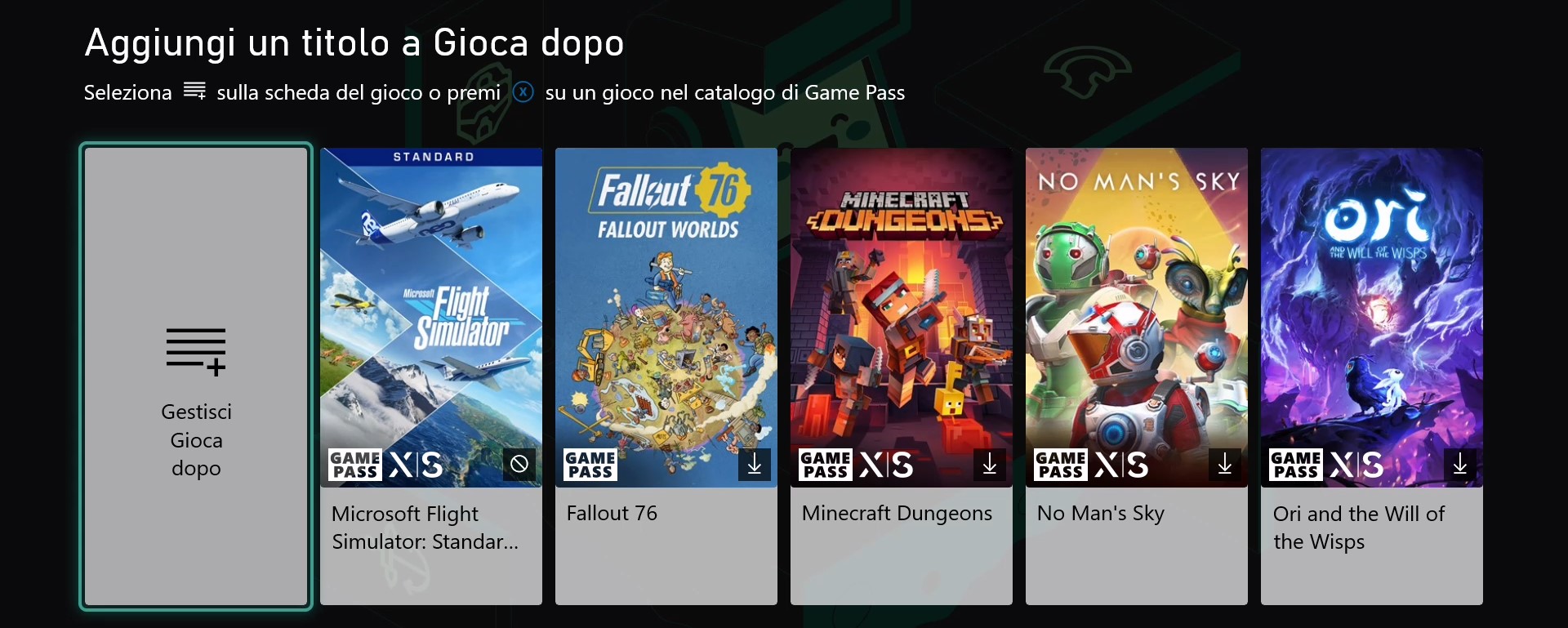 Xbox - Game Pass - Sezione Gioca dopo