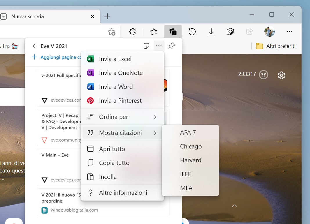 Microsoft Edge 95 - Citazioni nelle raccolte