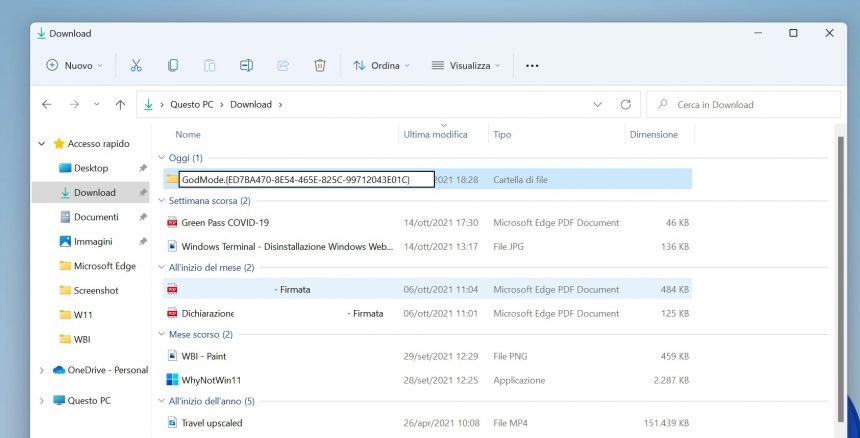 Windows 11 - Esplora file - Creazione di una nuova cartella con ID per GodMode