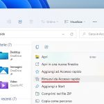 Windows 11 - Esplora file - Rimuovi cartella da Accesso rapido