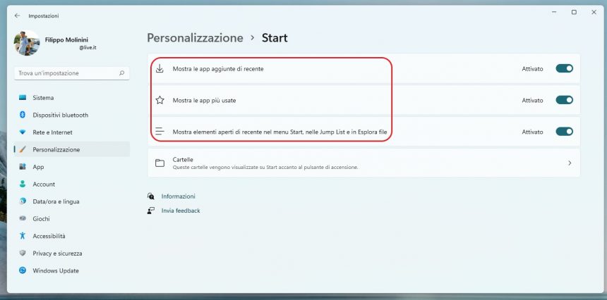 Windows 11 - Impostazioni - Personalizzazione - Start - App e file recenti