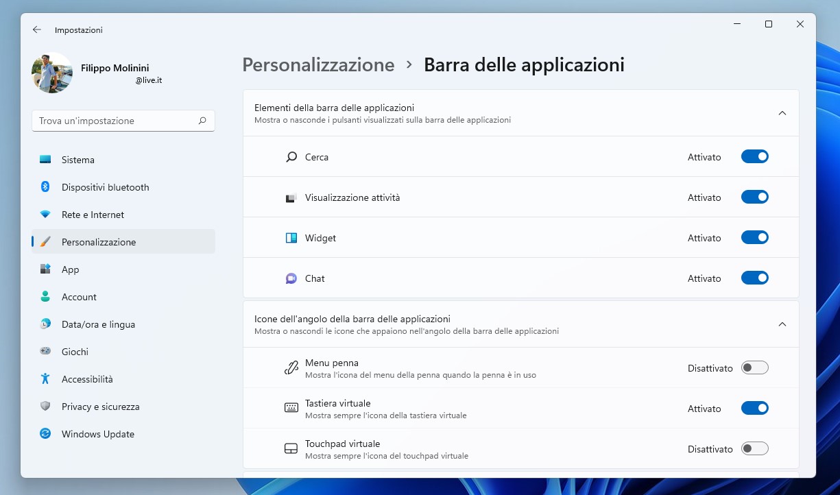 Windows 11 - Impostazioni - Personalizzazione delle icone presenti sulla barra delle applicazioni