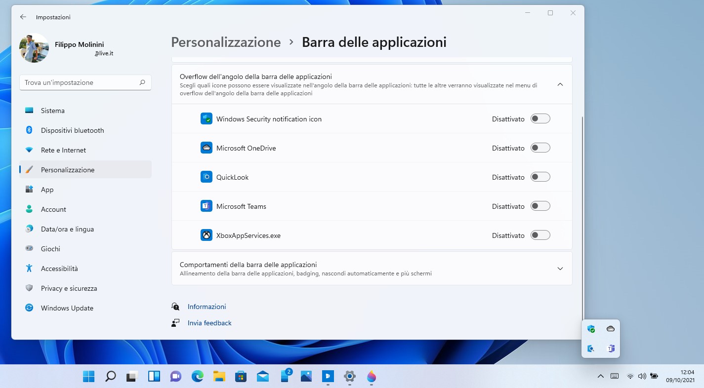 Windows 11 - Impostazioni - Personalizzazione overflow dell'angolo della barra delle applicazioni