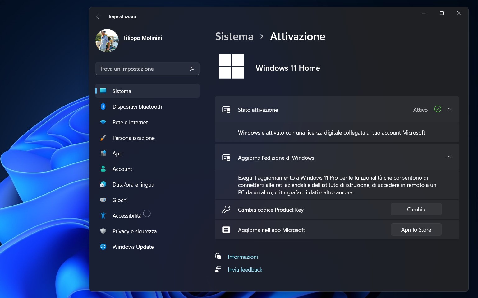 Windows 11 - Impostazioni - Sistema - Attivazione