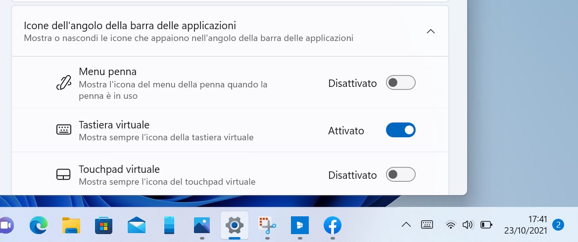 Windows 11 - Impostazioni icona tastiera virtuale nella barra delle applicazioni