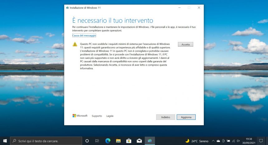 Windows 11 - Messaggio di incompatibilità del PC dall'installazione del nuovo sistema operativo