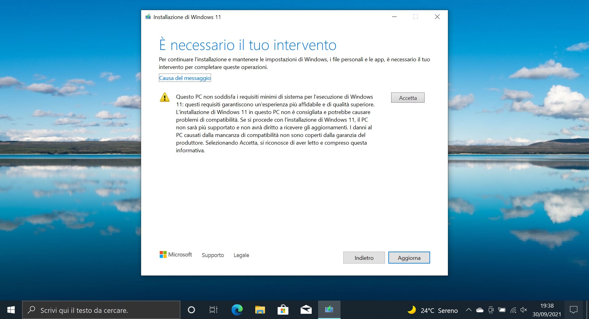 Windows 11 - Messaggio di incompatibilità del PC dall'installazione del nuovo sistema operativo