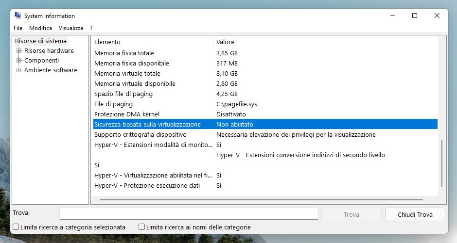 Windows 11 - System Information - Sicurezza basata sulla virtualizzazione