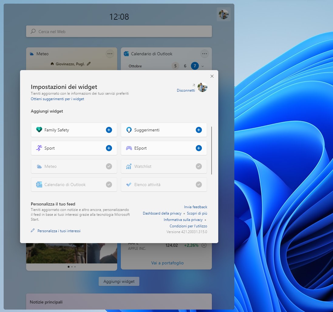 Windows 11 - Widget - Impostazioni dei widget