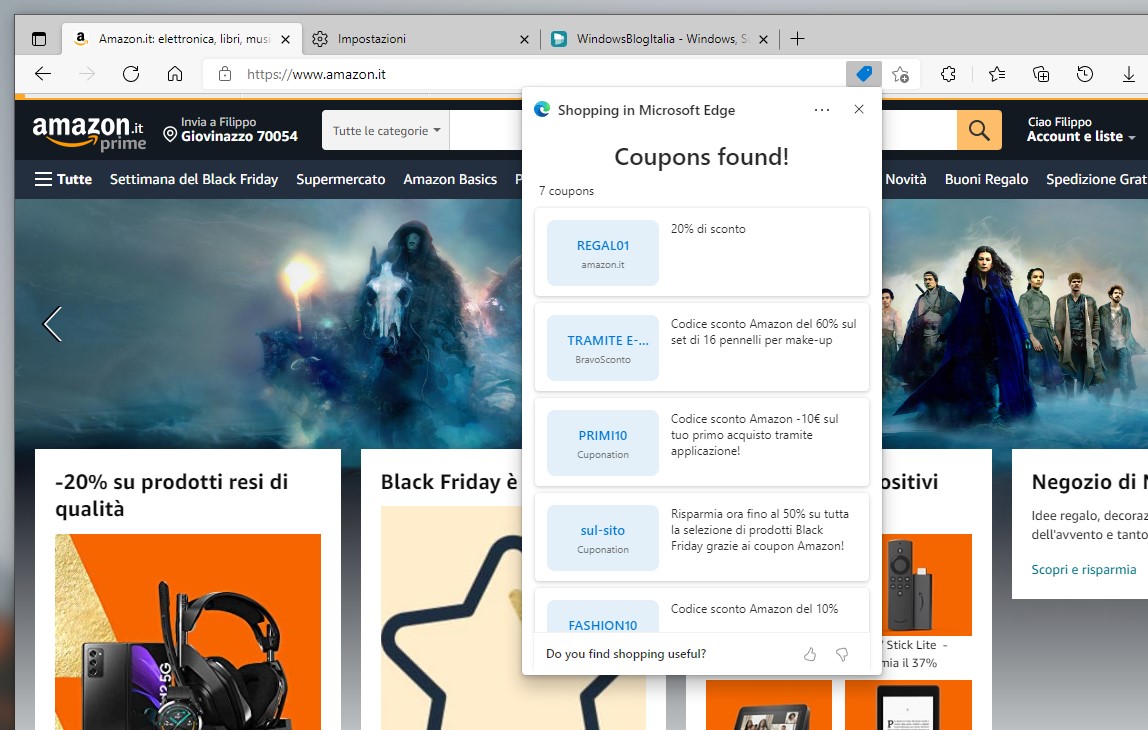 Microsoft Edge - Shopping su Amazon con coupon