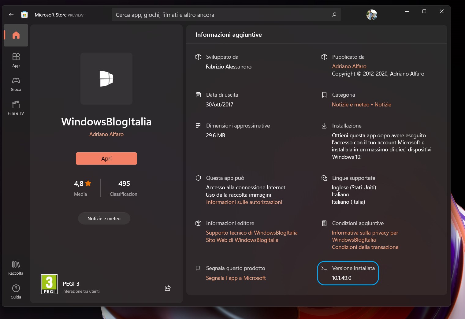 Microsoft Store per Windows 11 e Windows 10 - Versione app installata