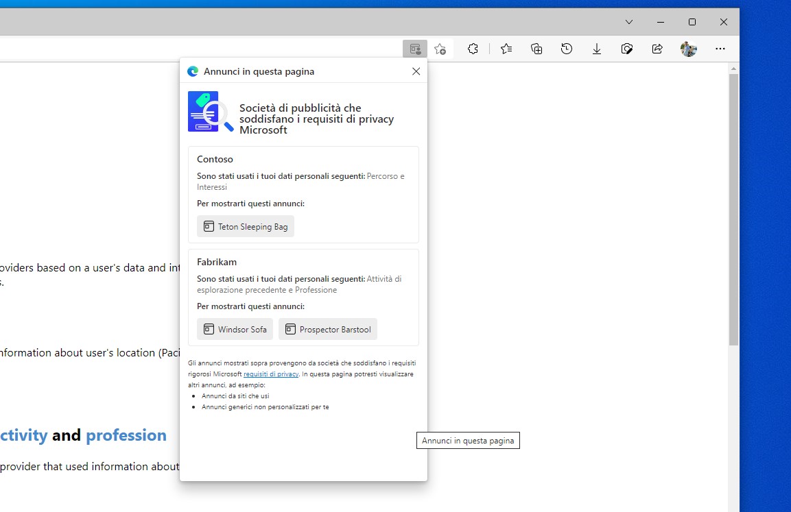 Microsoft Edge - Annunci trasparenti - Annunci presenti in questa pagina
