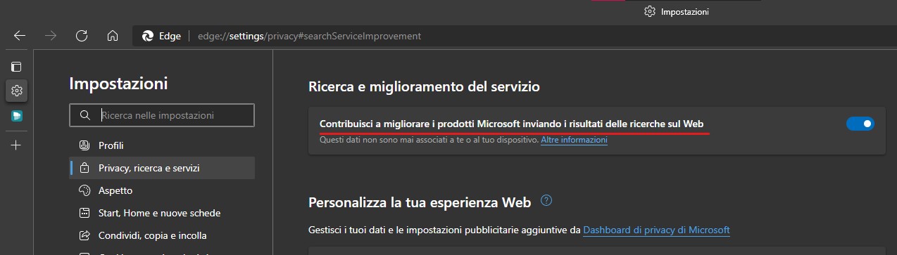 Microsoft Edge - Opzione invio risultati di ricerca