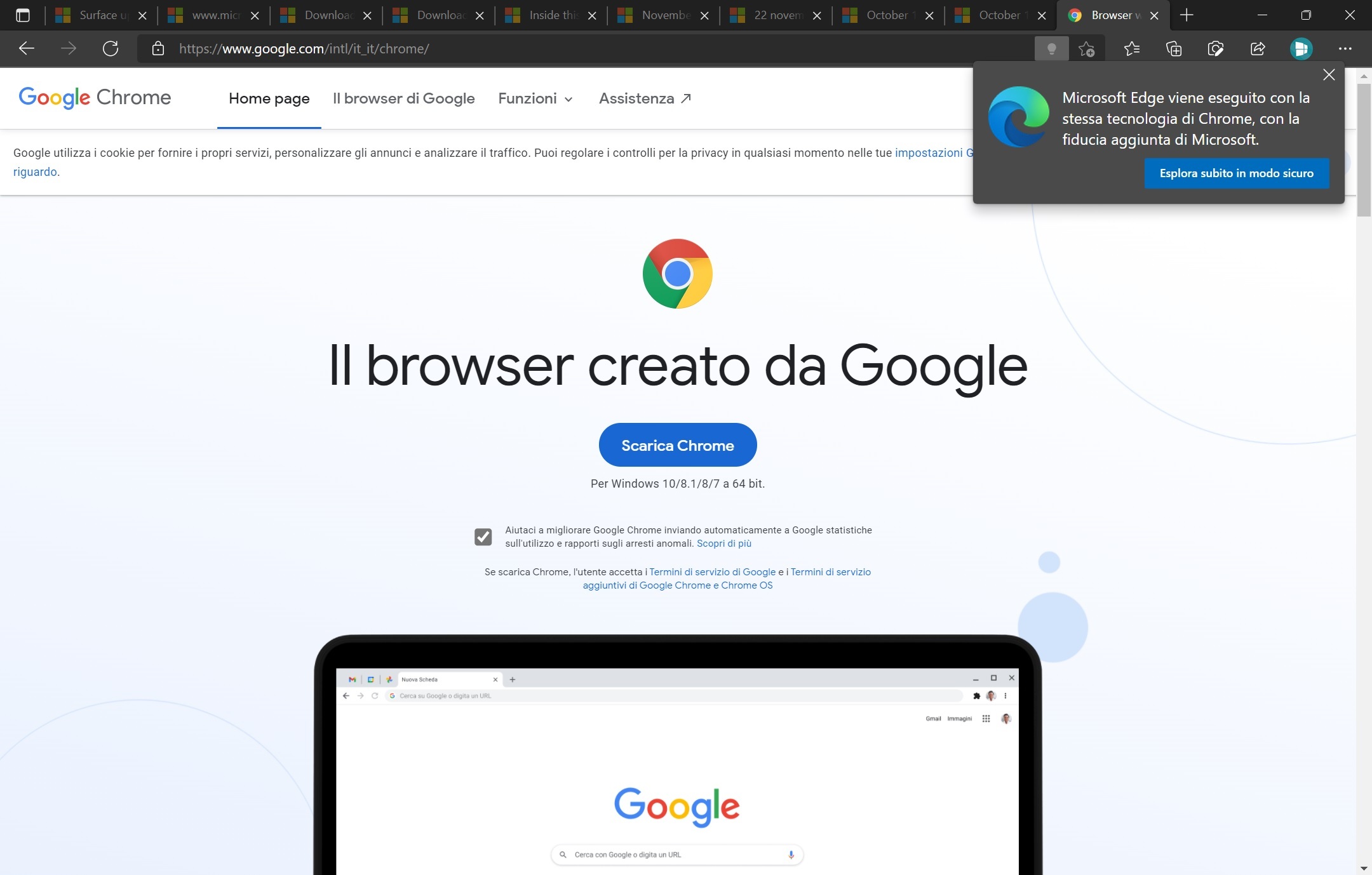 Microsoft Edge - Suggerimenti nella pagina di download di Chrome