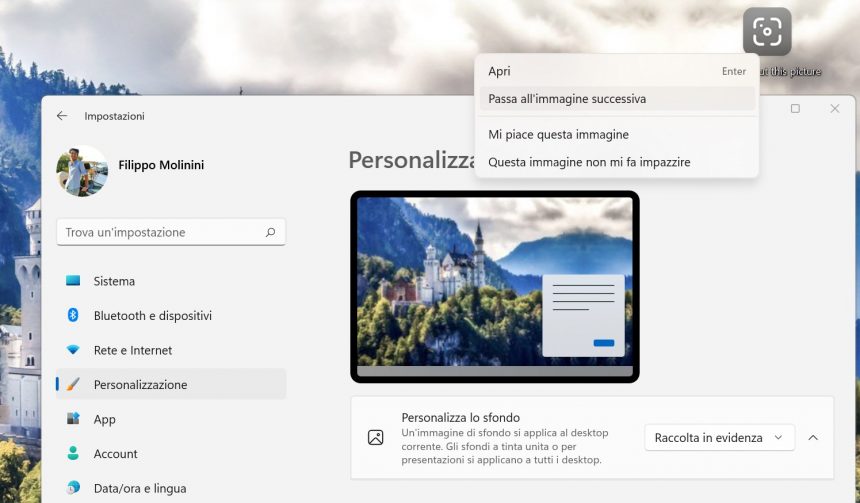 Windows 11 - Impostazioni - Personalizzazione - Sfondo - Raccolta in evidenza