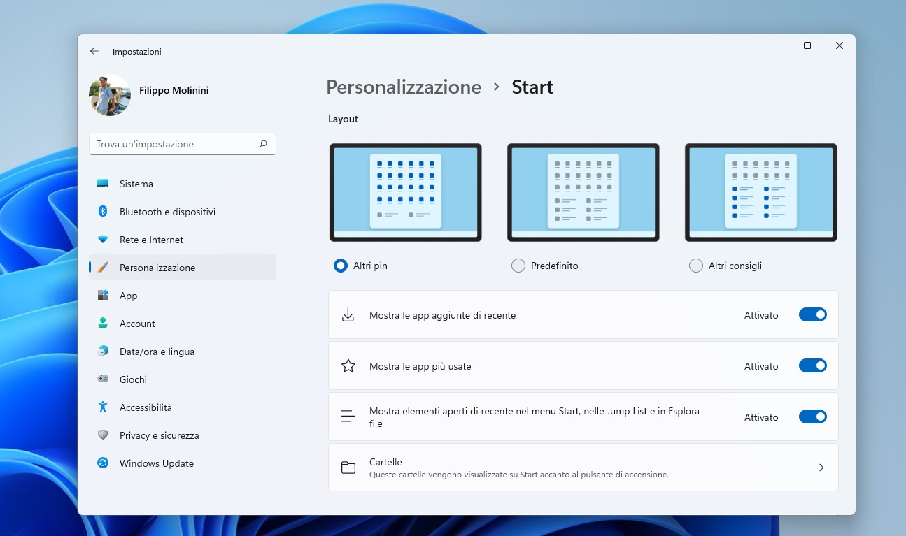 Windows 11 - Impostazioni - Personalizzazione - menu Start - Layout