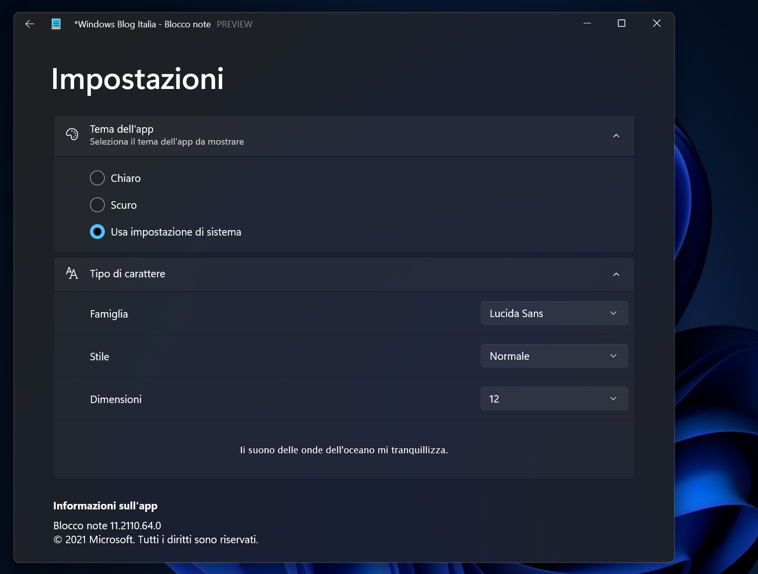 Windows 11 - Nuovo Blocco note - Impostazioni