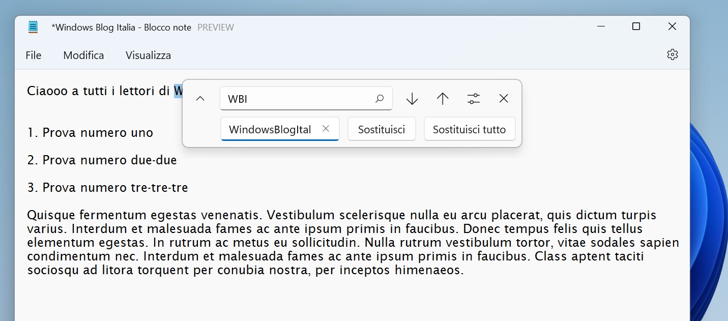 Windows 11 - Nuovo Blocco note - Trova e sostituisci