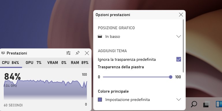 Windows 11 - Xbox Game Bar - Prestazioni - Impostazioni widget