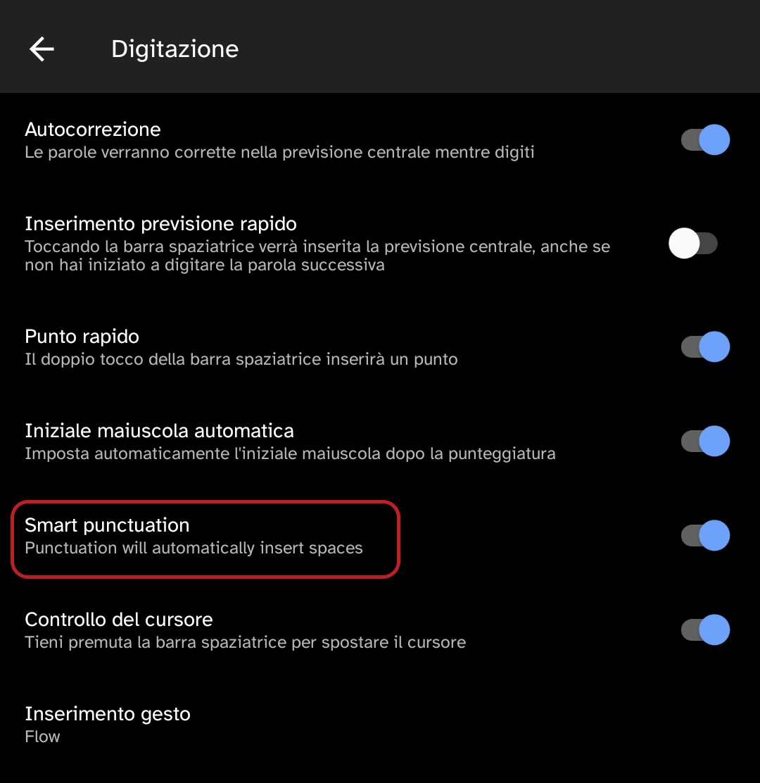Microsoft SwiftKey Beta per Android - Opzione smart punctuation