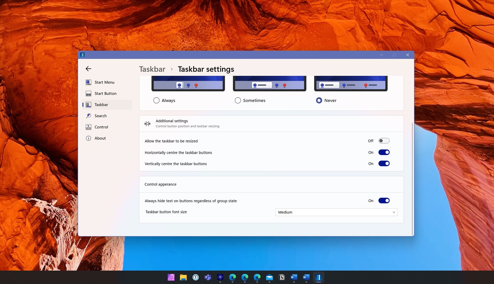 Start11 1.2 - Opzioni per la personalizzazione della taskbar