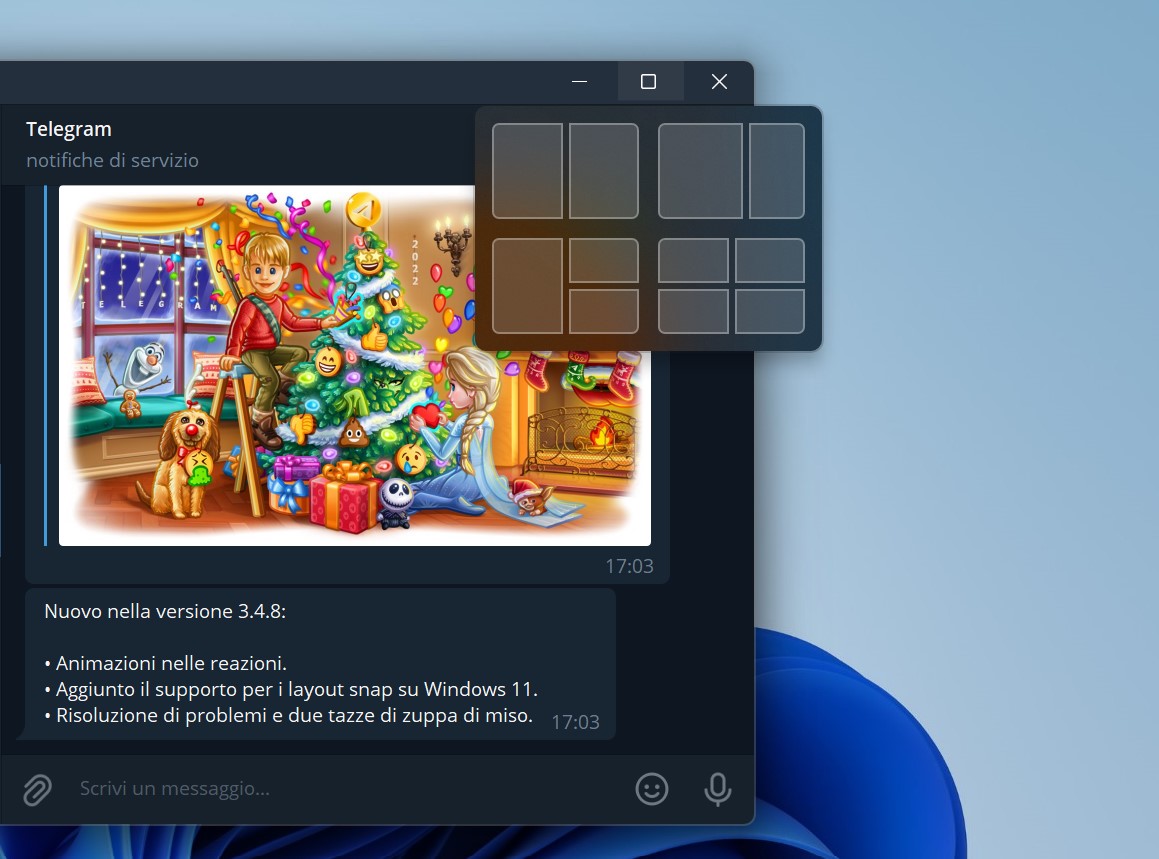 Telegram Desktop - Windows 11 - Supporto ai layout di snap