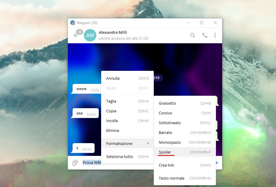 Telegram Desktop per Windows - Messaggi spoiler