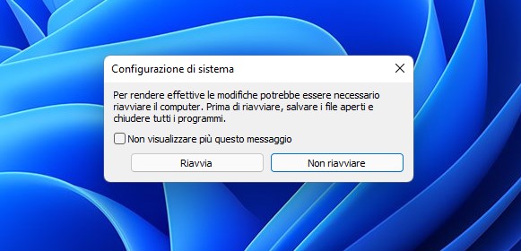 Windows 11 - Configurazione di sistema - Messaggio di riavvio