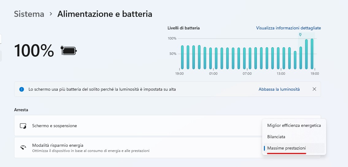 Windows 11 - Impostazioni - Alimentazione e batteria - Massime prestazioni