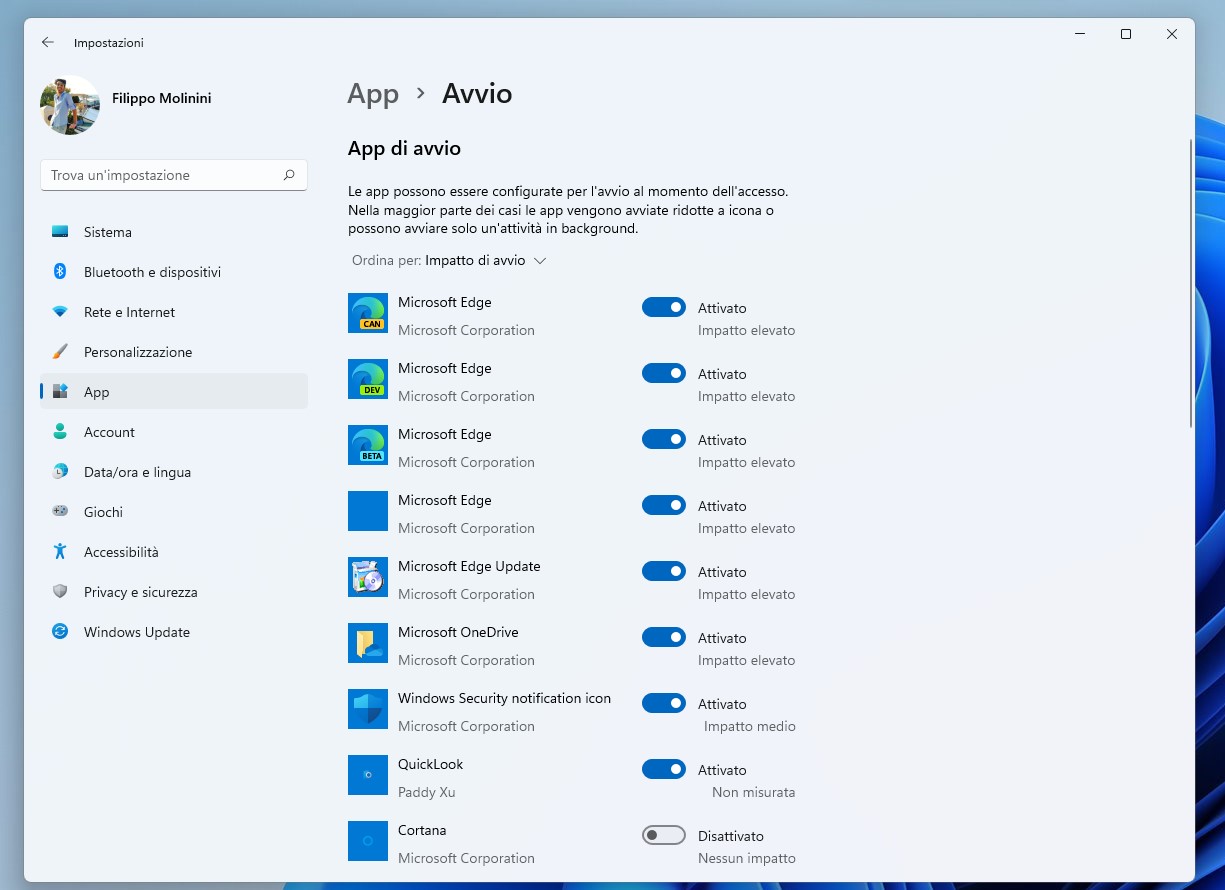 Windows 11 - Impostazioni - App aperte all'avvio