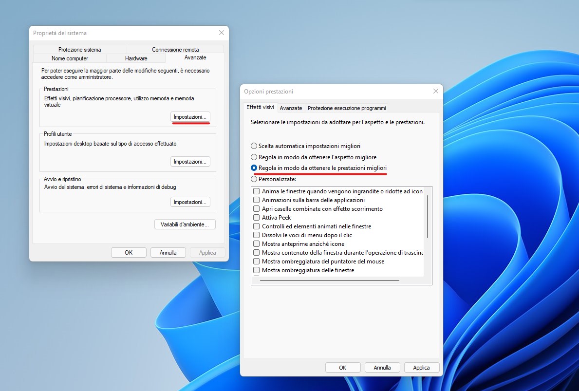 Windows 11 - Impostazioni di sistema avanzate - Effetti visivi