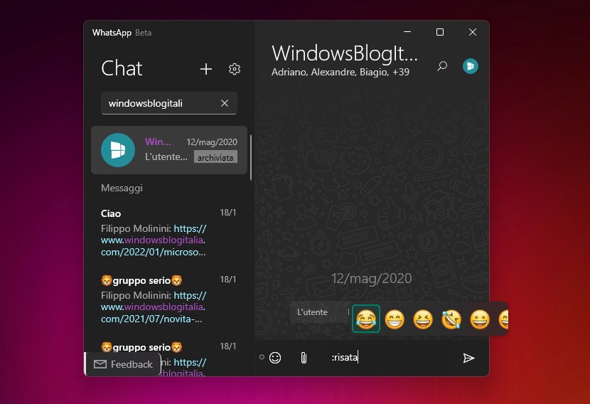 WhatsApp Beta UWP per Windows - Inserimento rapido delle emoji