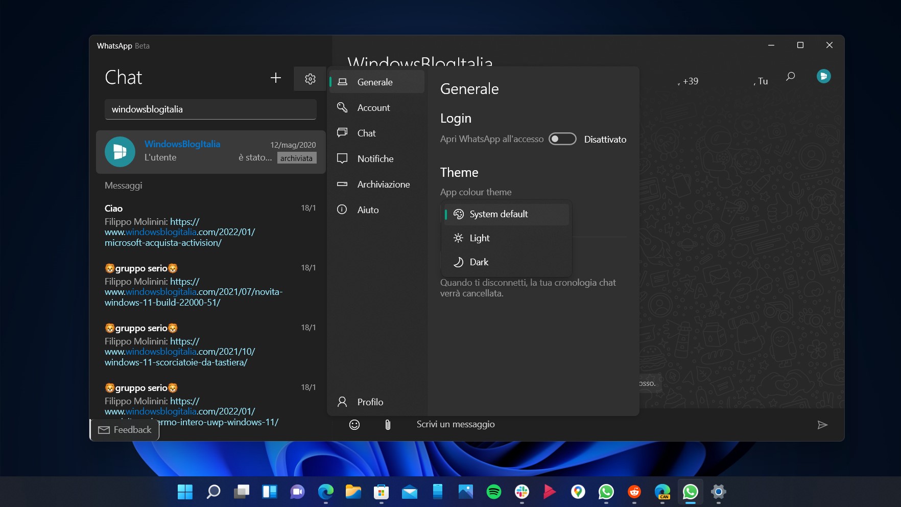 WhatsApp UWP Beta per Windows - Tema scuro