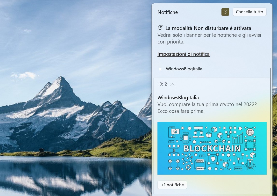 Windows 11 - Centro notifiche - Controllo modalità Non disturbare