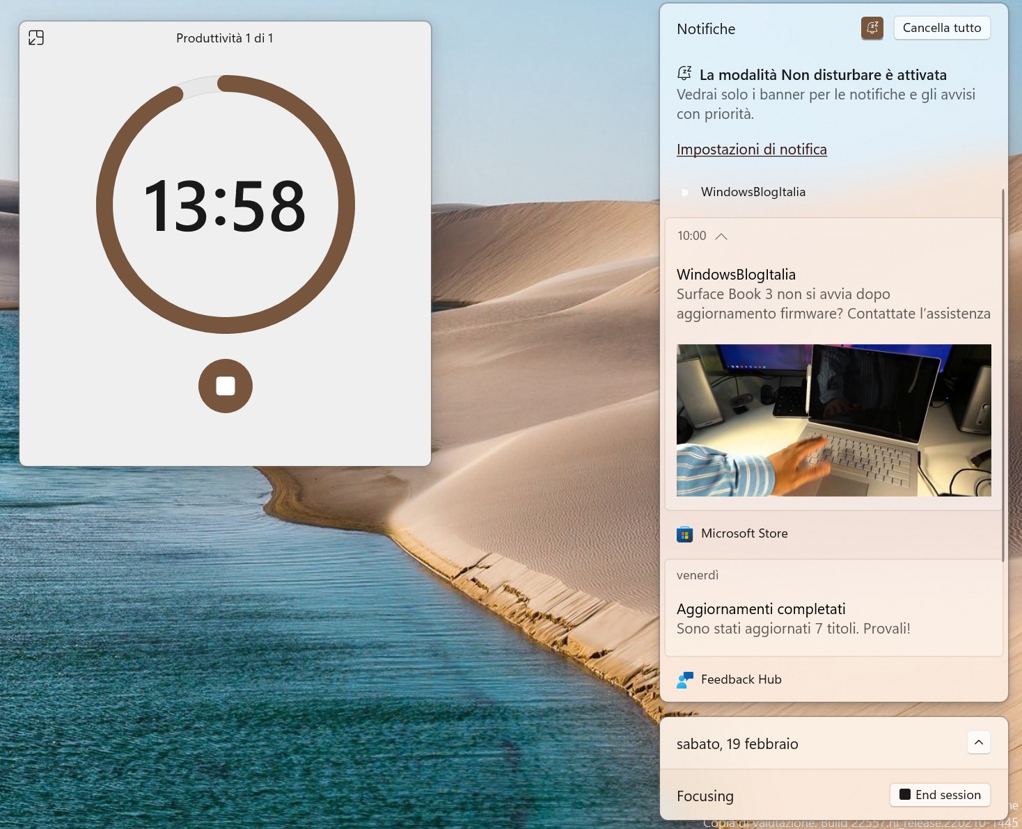 Windows 11 - Centro notifiche - Focus - Sessione produttiva attiva
