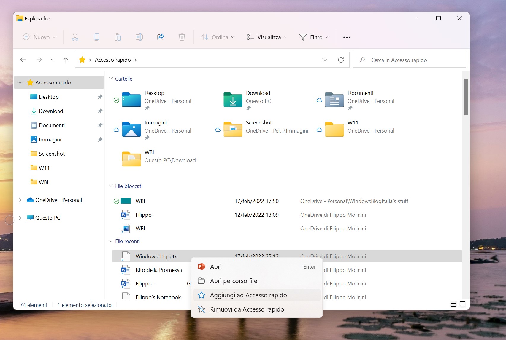 Windows 11 - Esplora file - Aggiungi file ad Accesso rapido