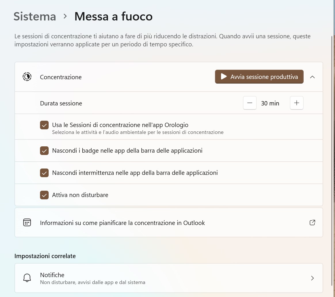 Windows 11 - Impostazioni - Sistema - Focus