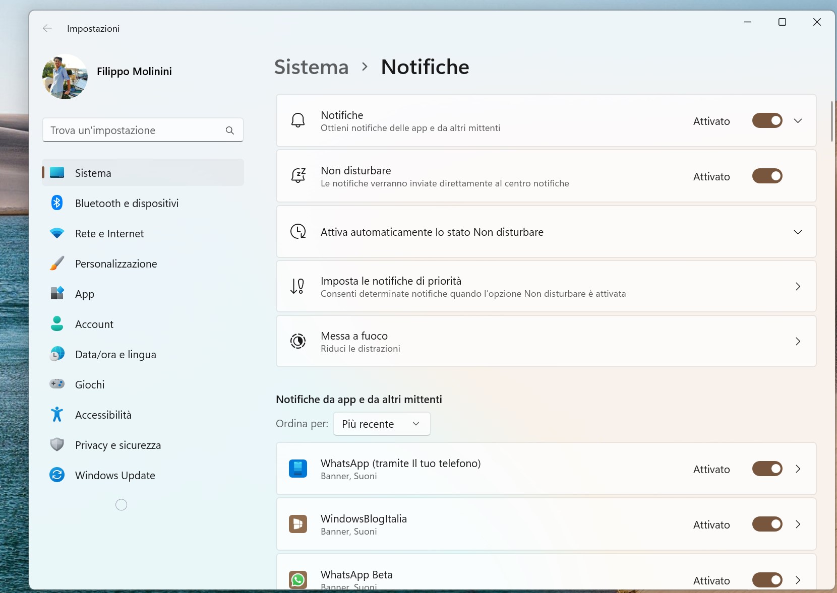 Windows 11 - Impostazioni - Sistema - Notifiche