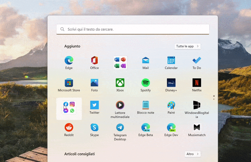 Windows 11 - Menu Start - Cartella di app