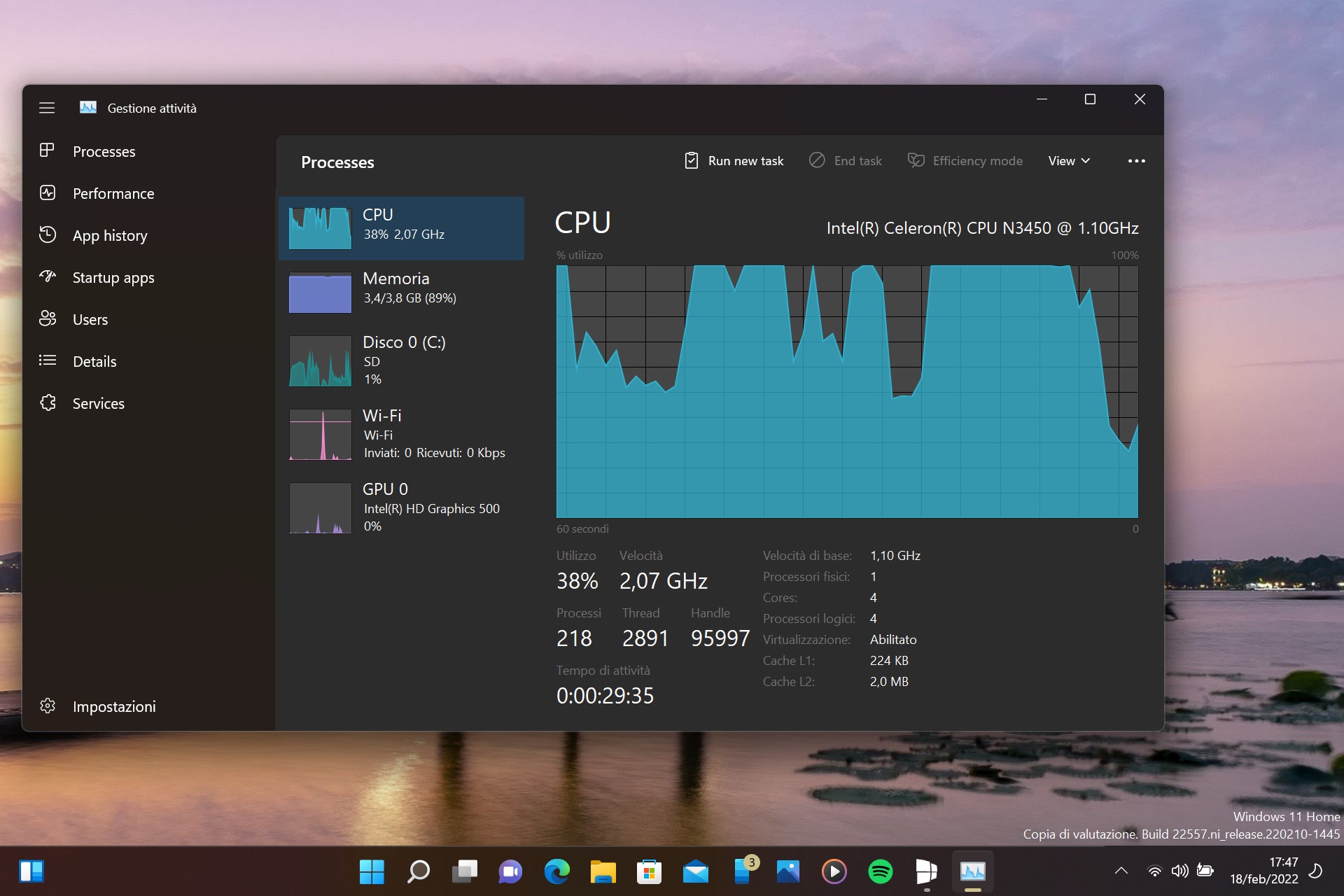 Windows 11 - Nuovo Gestione attività - Pagina prestazioni - Tema scuro