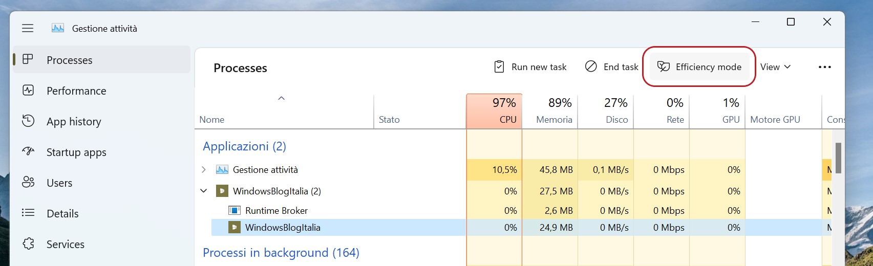 Windows 11 - Nuovo Gestione attività - Pagina processi - Barra dei comandi - Modalità efficienza - Tema chiaro