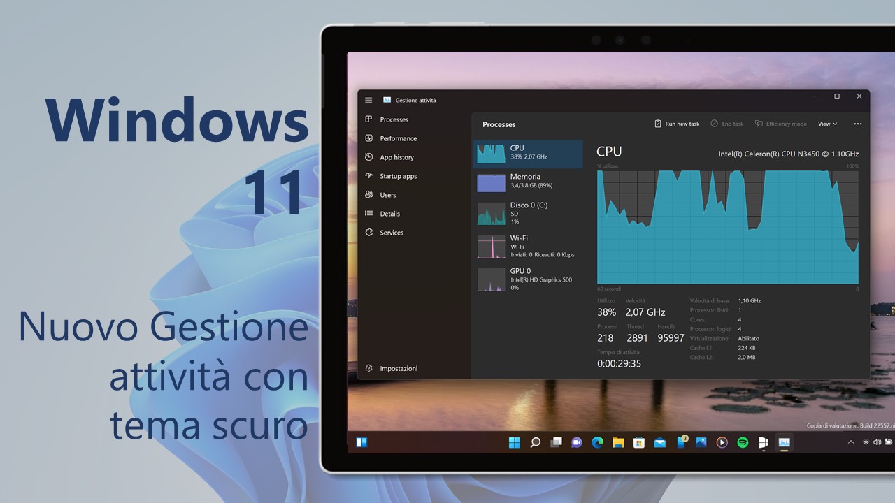 Windows 11 - Nuovo Gestione attività con tema scuro