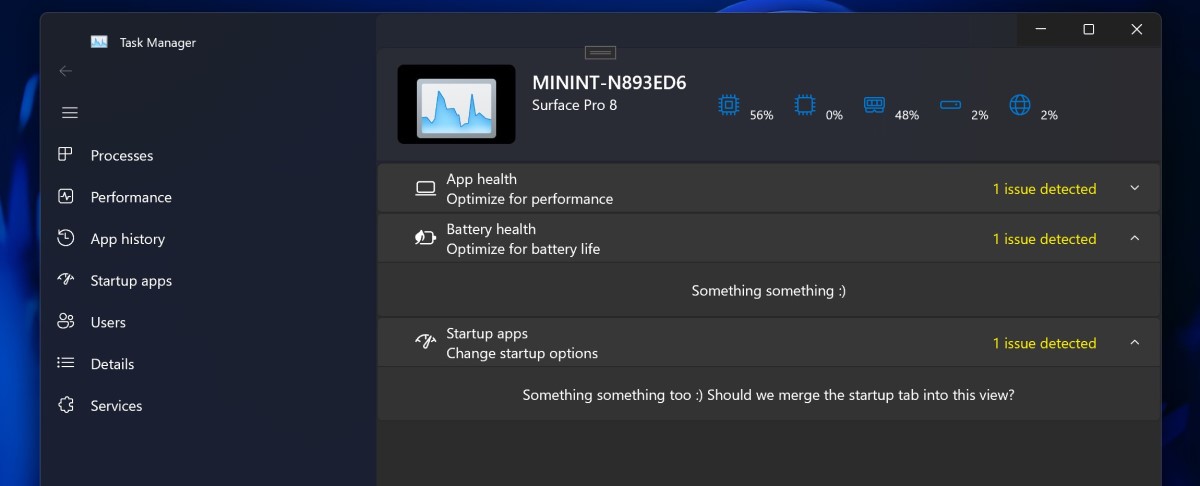 Windows 11 - Task Manager - Pagina con ulteriori informazioni su app all'avvio, prestazioni e batteria