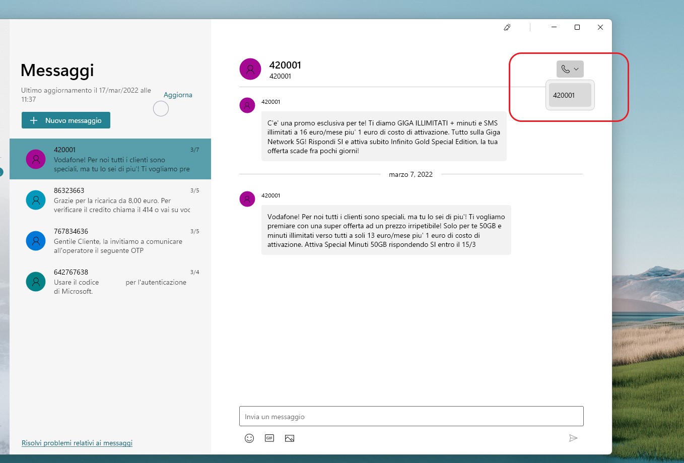 Il tuo telefono per Windows - Chiamate direttamente dai messaggi