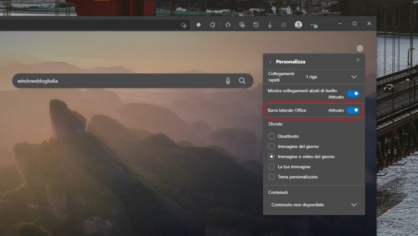 Microsoft Edge - Opzione per abilitare la barra di Office