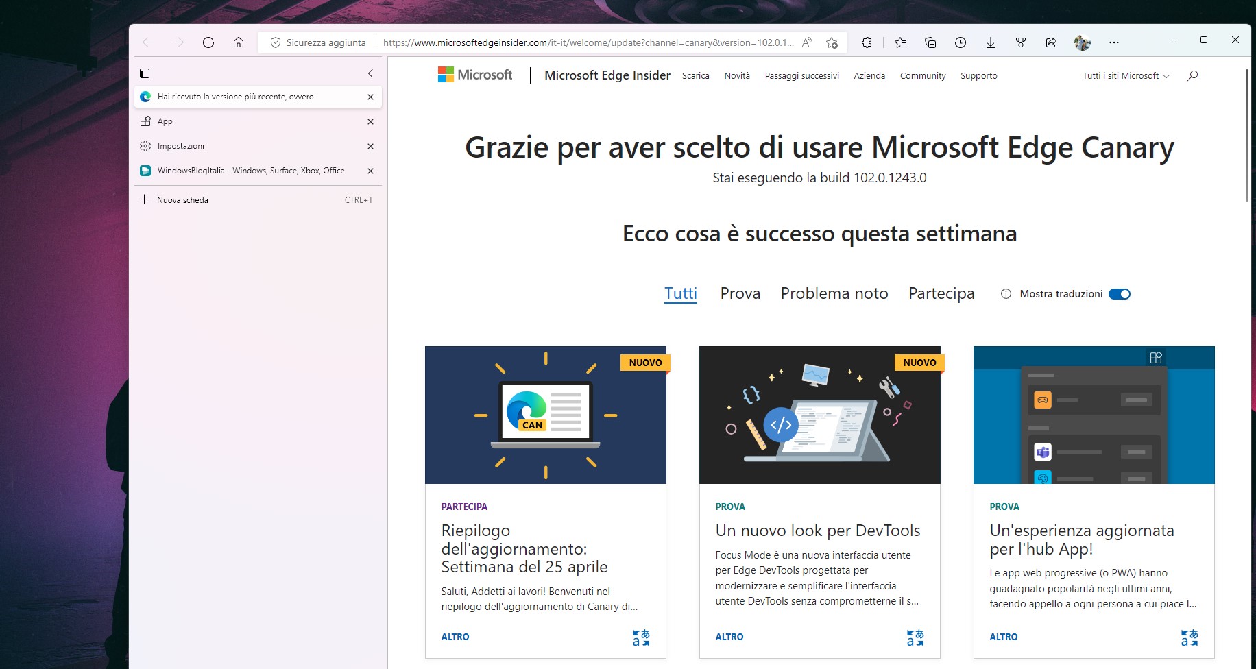 Microsoft Edge Canary - Effetto Mica per le schede verticali