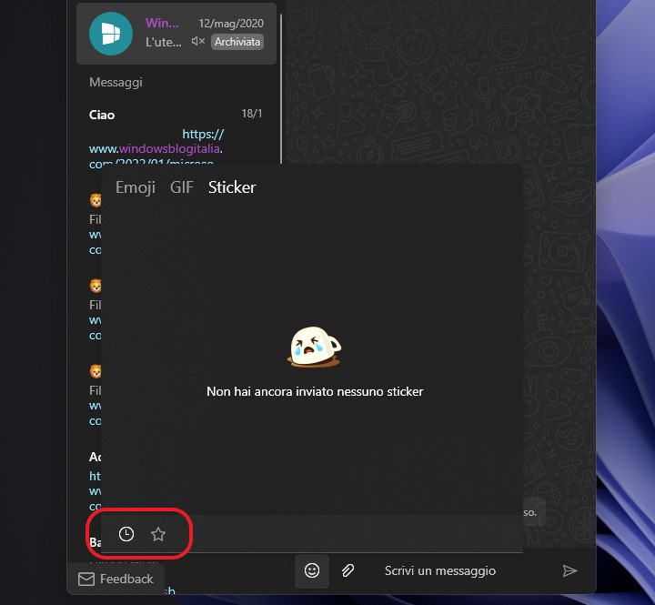 WhatsApp Beta UWP per Windows - Sticker recenti e preferiti