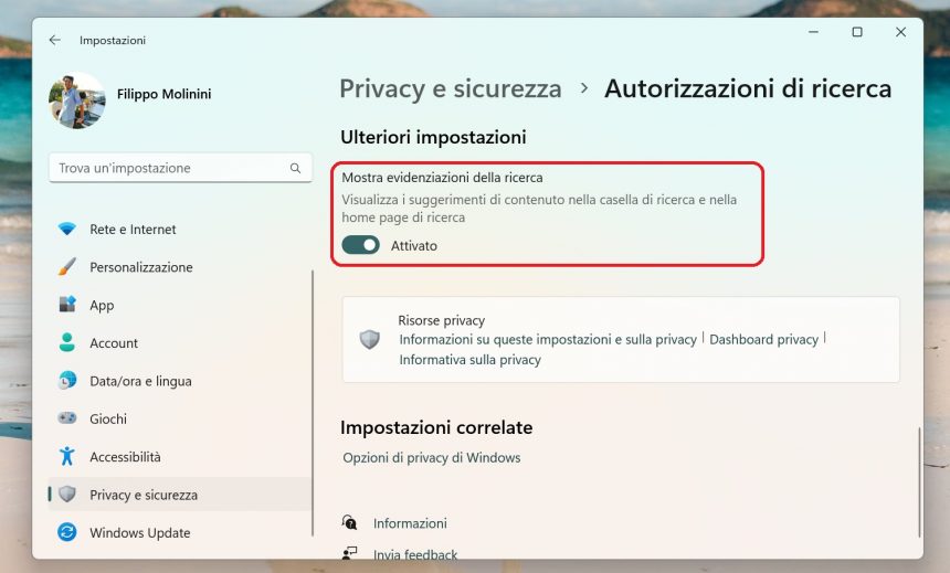 Windows 11 - Impostazioni - Mostra evidenziazioni della ricerca