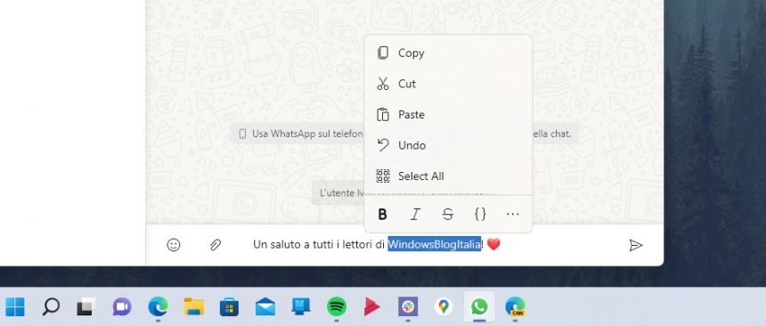 WhatsApp Beta UWP per Windows - Menu contestuale per il testo dei messaggi